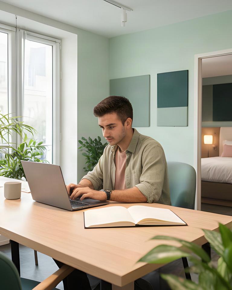 Nomade numérique travaillant dans un espace lumineux avec bureau partagé et chambre privée à proximité