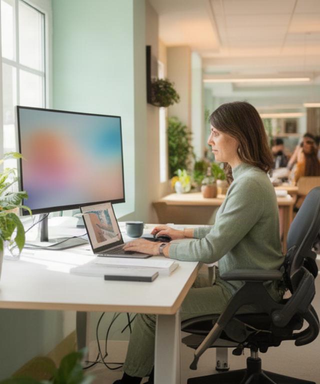 Professionnelle nomade travaillant sur un bureau avec écran externe dans un espace lumineux à Lisses