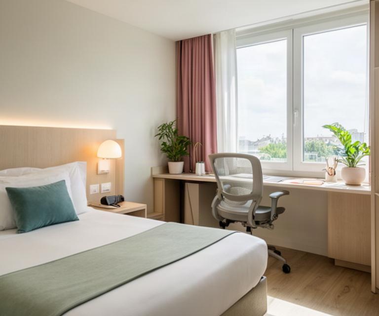 Chambre lumineuse avec lit confortable, bureau intégré et grande fenêtre dans un hôtel coworking à Lisses