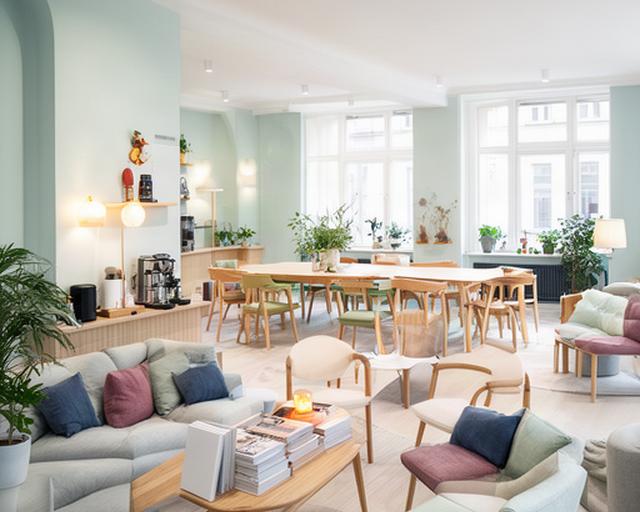 Espace commun lumineux de Lotus Hotel, mobilier scandinave et détails inspirés de Lisses