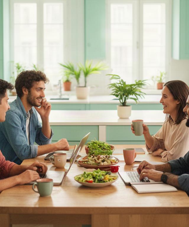 Résidents nomades numériques échangeant autour d'une grande table dans la cuisine commune à Lisses