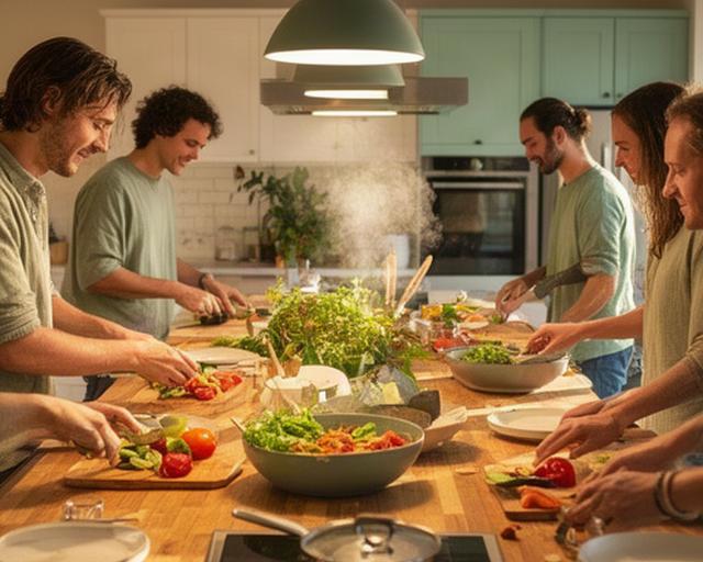Résidents préparant un dîner ensemble autour du plan de travail central de la cuisine commune
